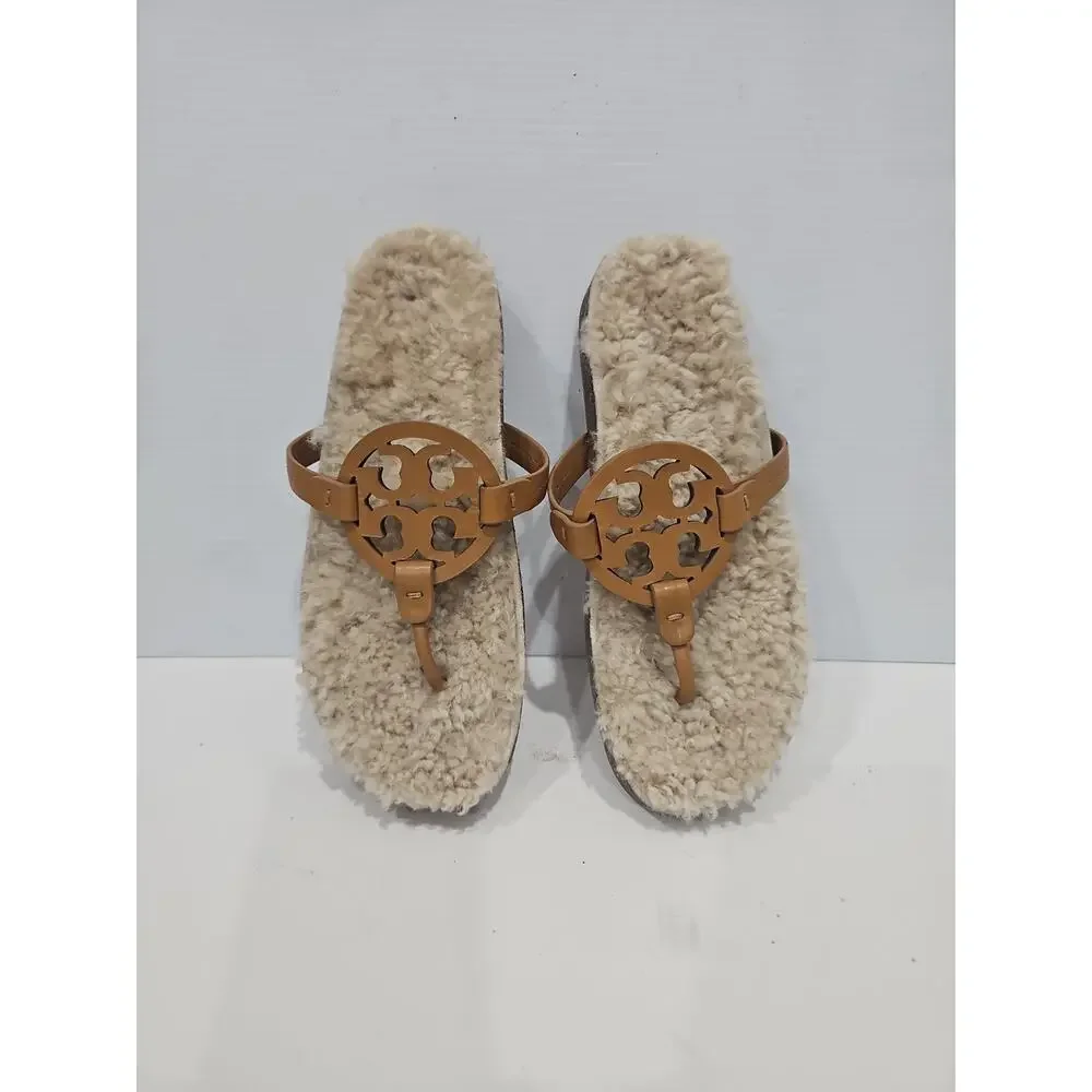 TORY BURCH MILLER Cloud THONG SANDAL Shearling Caramel Corn/Buttermilk Sz 9.5